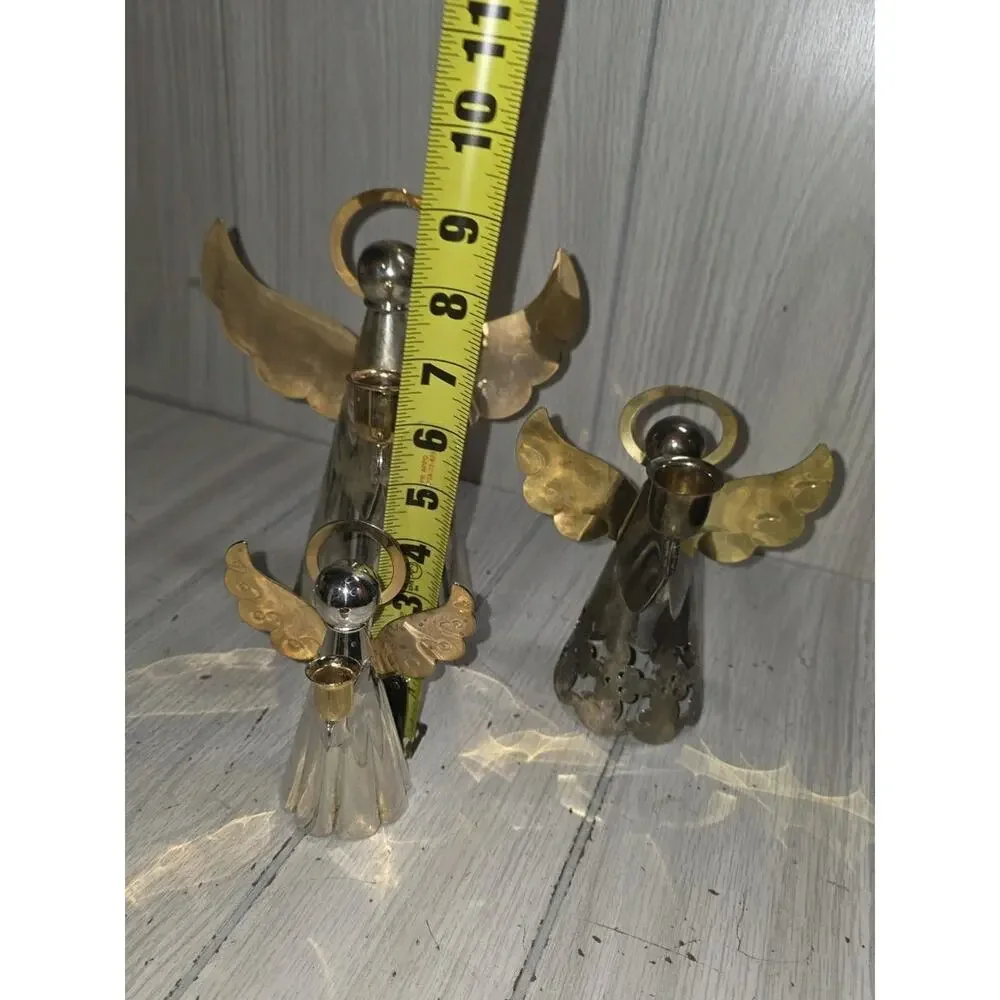 Vintage Angel Candlestick Holders Brass Silver Plated Christmas Decor Set of 3